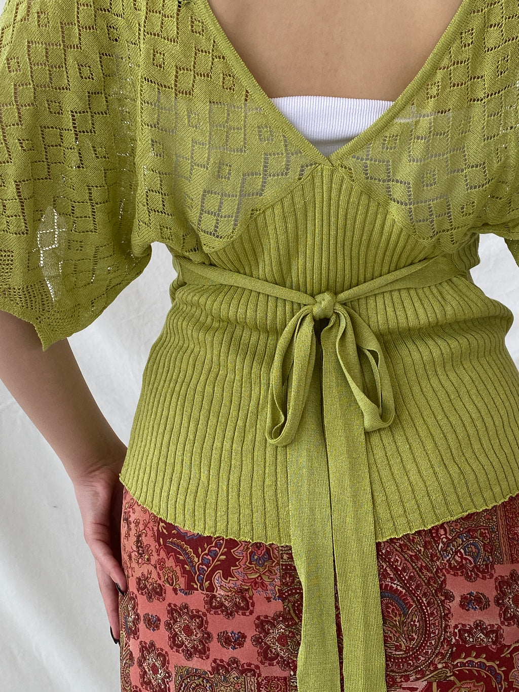 Y2K C.C.S Sarar Knitted See Through Green V-Neck Blouse - L