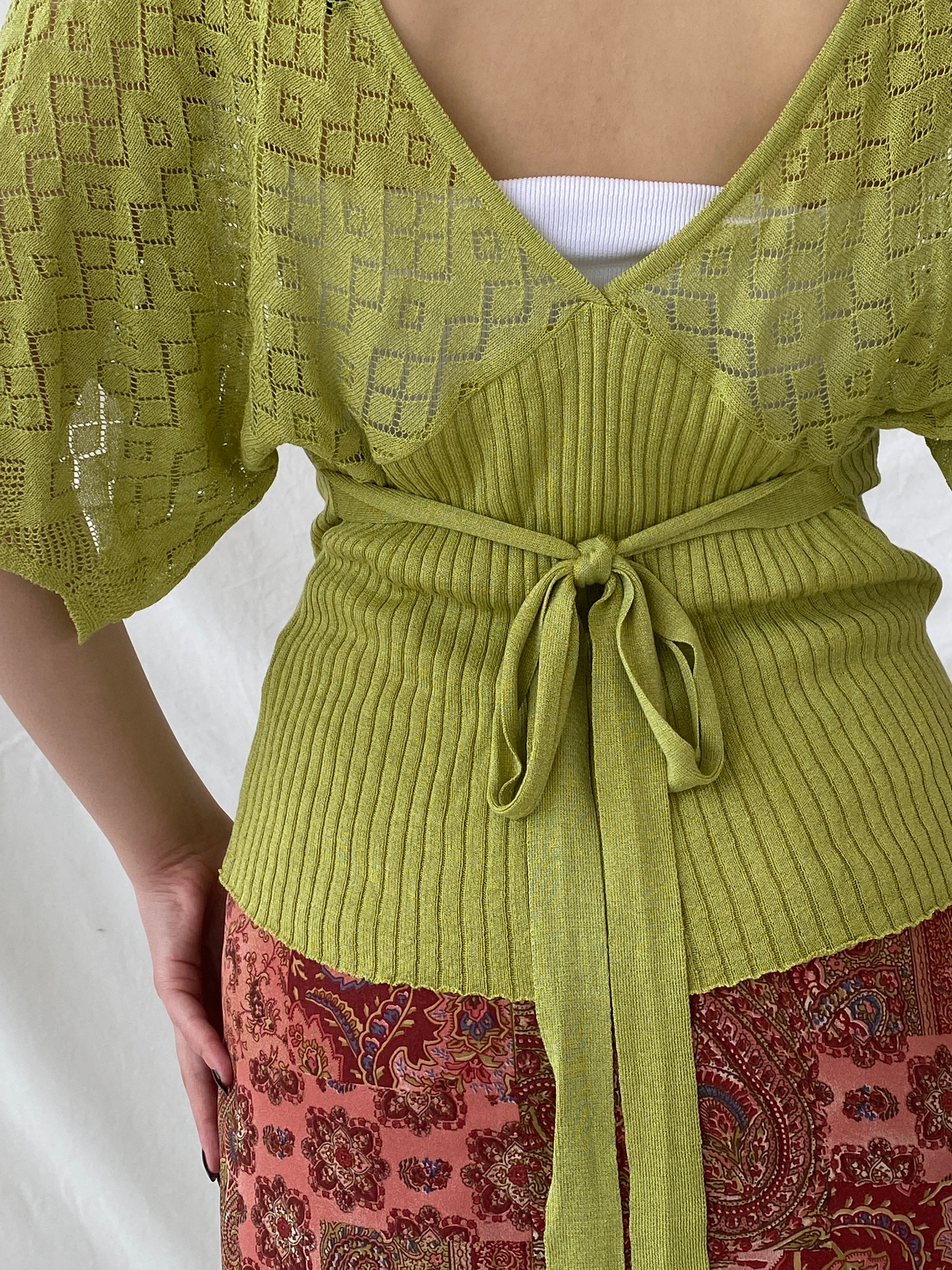 Y2K C.C.S Sarar Knitted See Through Green V-Neck Blouse - L