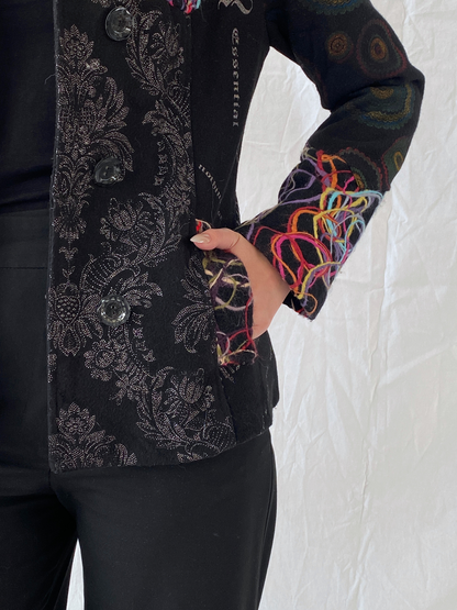 Vintage Boho Embroidered Wool Blend Black Women’s Jacket - M