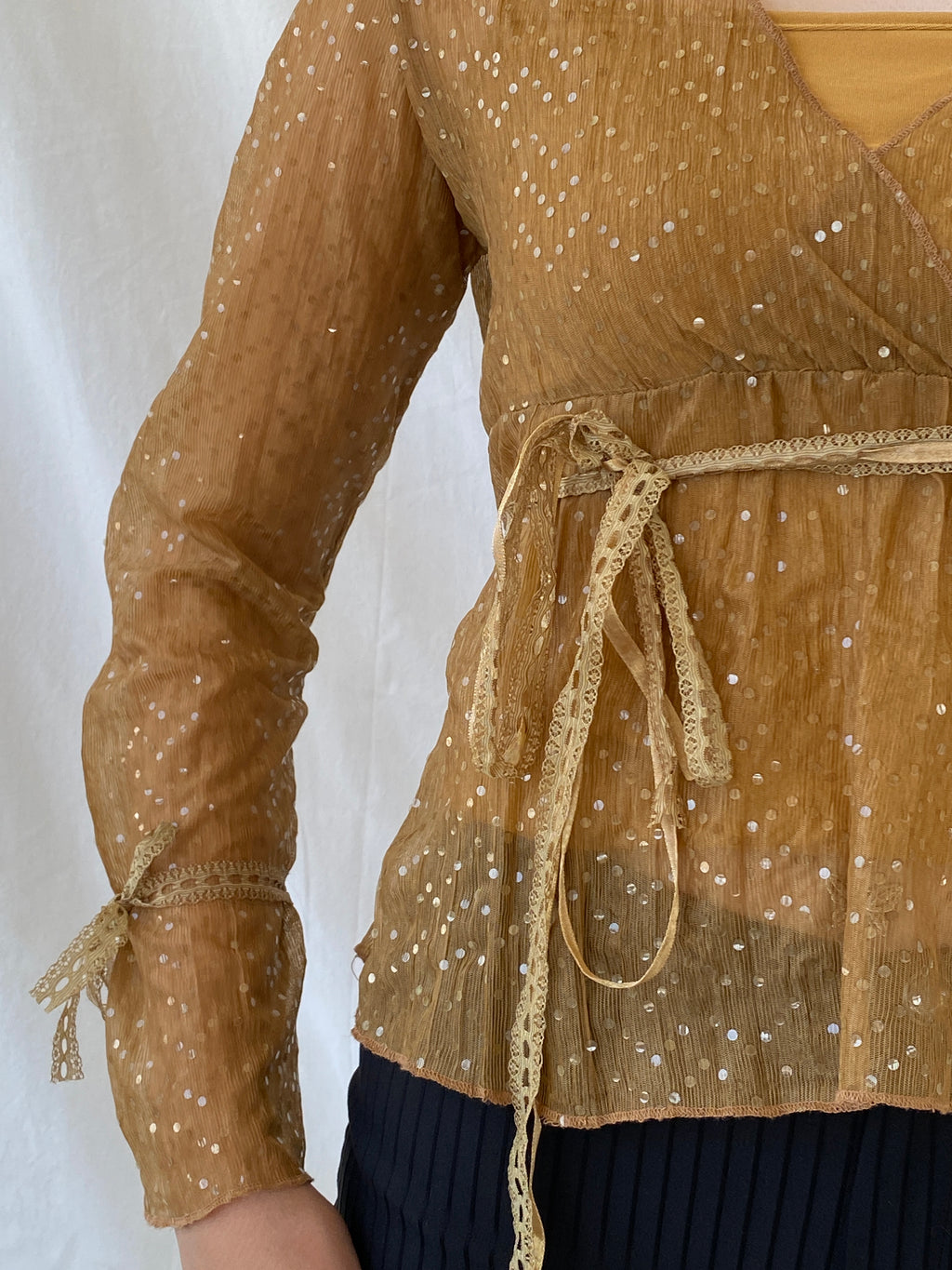 Vintage Y2K Jus D’ Orange Shimmer Fairy Sequin Sheer Bronze Top - M