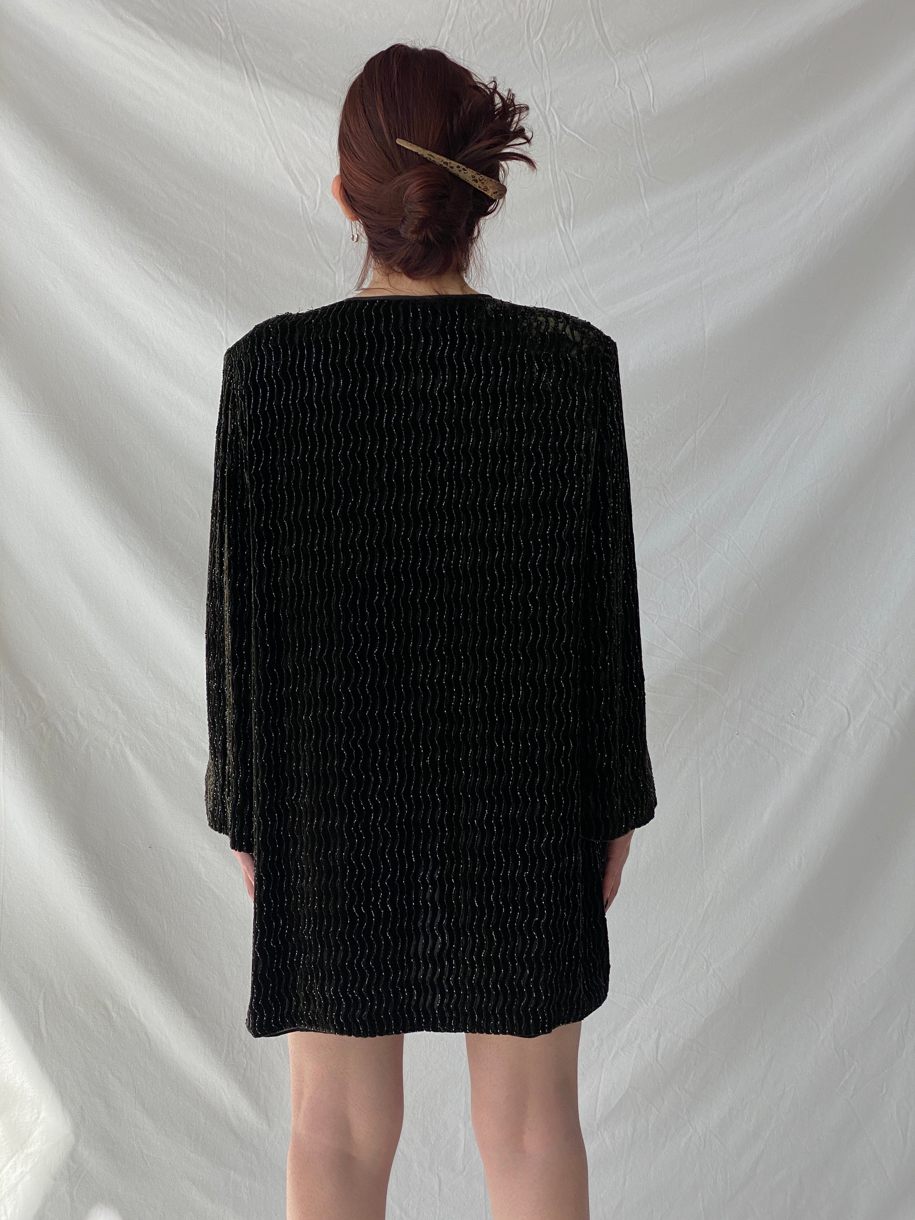 Vintage 80s Rickie Freeman for Teri Jon Nite Dark Green Black Beaded Blazer Silk Blend Party Jacket - L