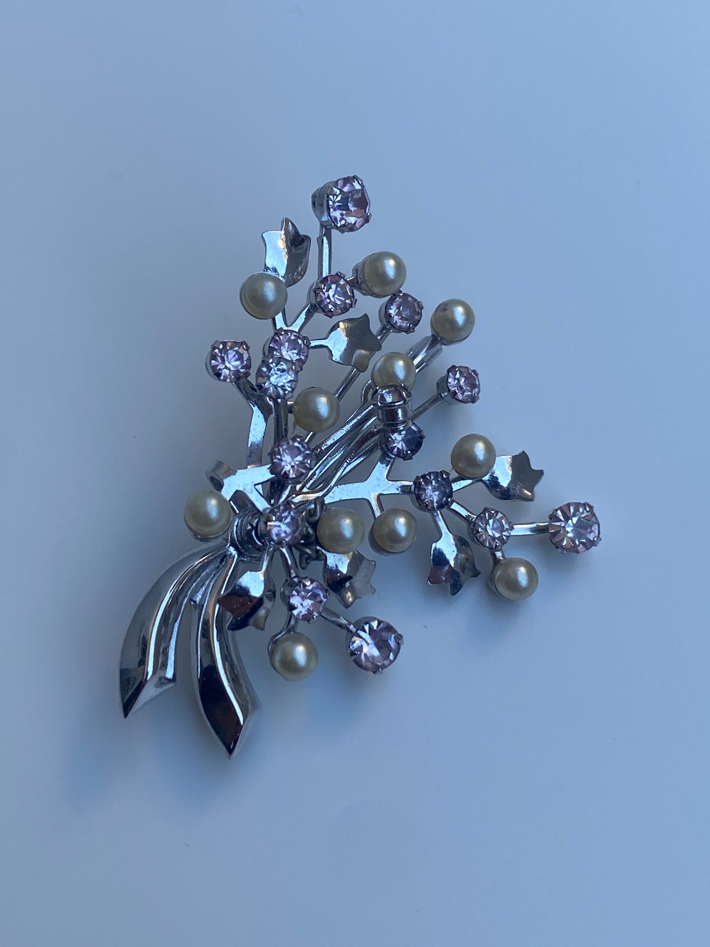 Vintage Silver-Tone Pink Rhinestone & Faux Pearl Floral Spray Brooch
