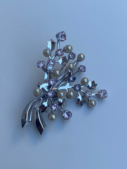 Vintage Silver-Tone Pink Rhinestone & Faux Pearl Floral Spray Brooch