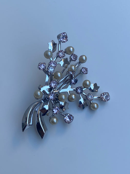 Vintage Silver-Tone Pink Rhinestone & Faux Pearl Floral Spray Brooch