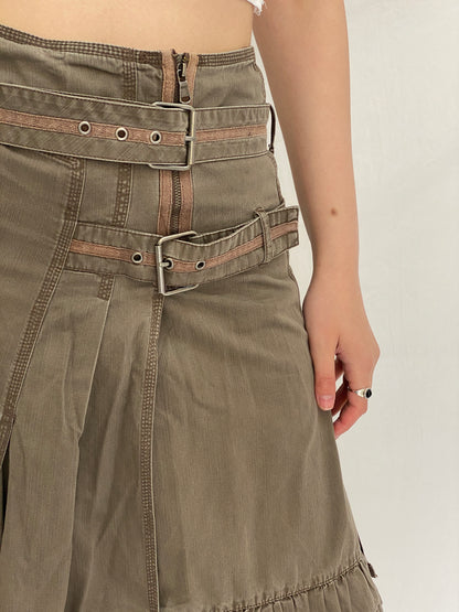 Vintage Y2K Camaíeu Khaki Cotton Belted Pleated Skirt Utility Style - S