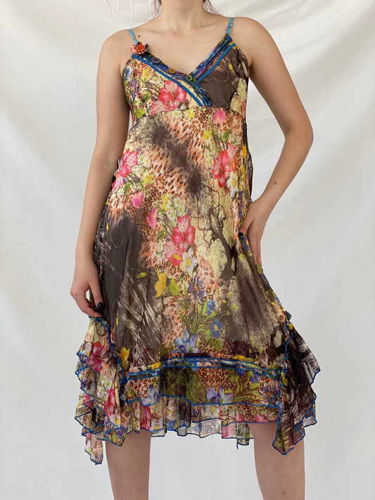 Beautiful Vintage Sensations Pour Elle Floral Multi-Colored Fairy Core Mermaid Midi Layered Dress - L