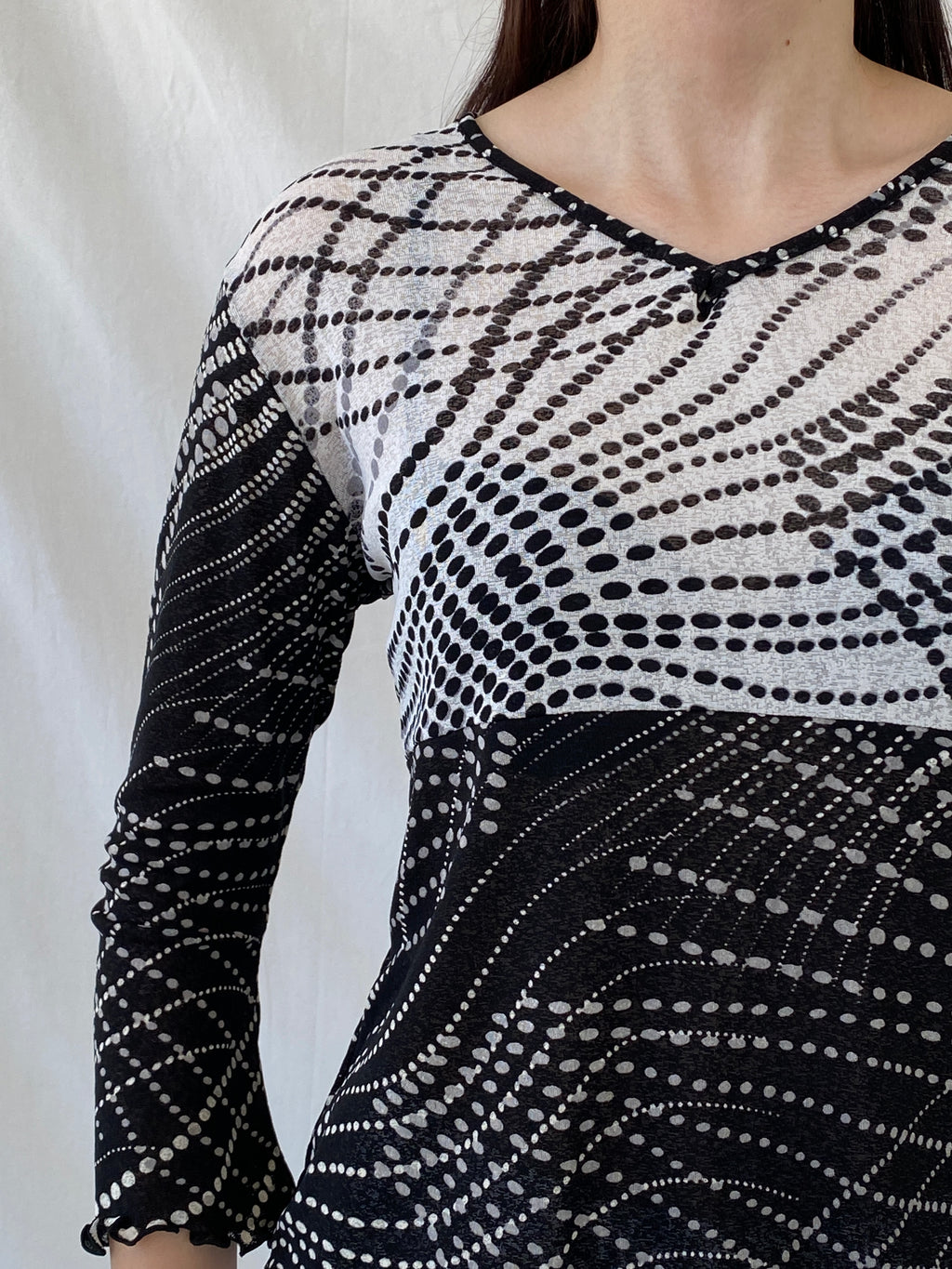 Vintage 90s SOLO Italy Black White Polka Dot Long Sleeve Mesh Top - L
