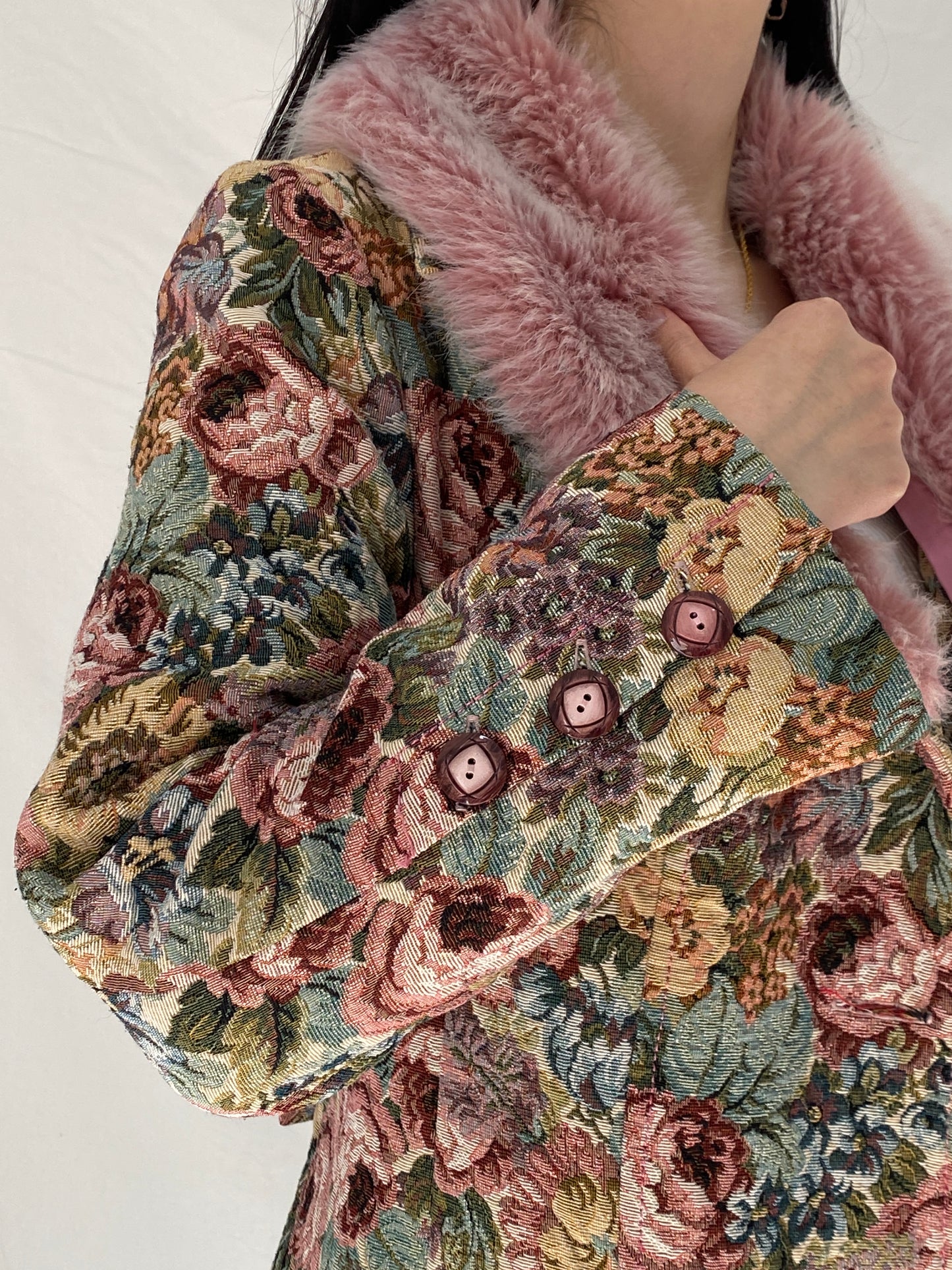 Vintage Statement Handmade Floral Tapestry Quilted Coat with Pink Faux Fur Collar - M