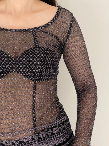 Vintage Y2K Black & Silver Metallic Crochet Mesh Sheer Grunge Top – S