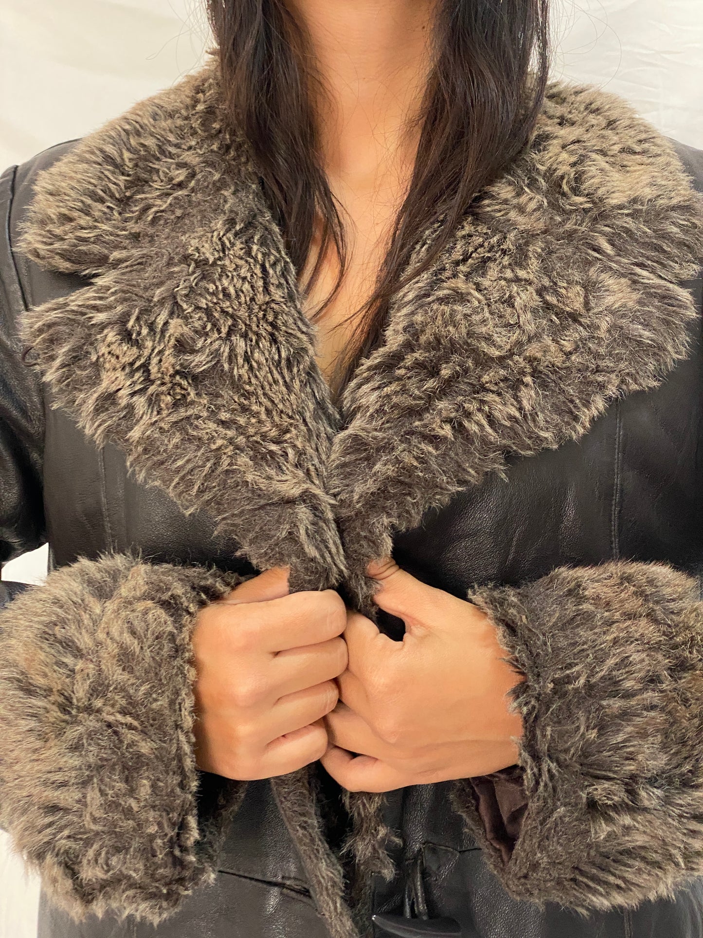 Vintage Genuine Leather Coat with Faux Fur Collar & Cuffs 70s Style Shearling Lined Brown Jacket - XL