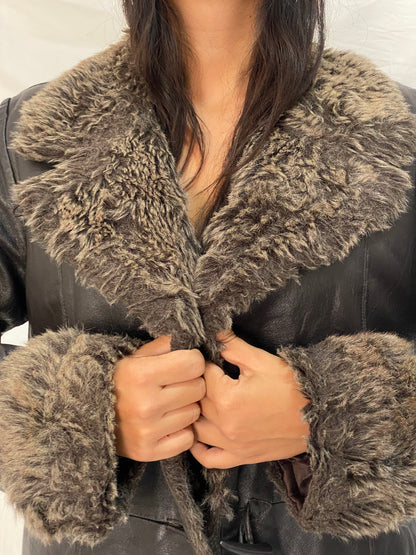 Vintage Genuine Leather Coat with Faux Fur Collar & Cuffs 70s Style Shearling Lined Brown Jacket - XL