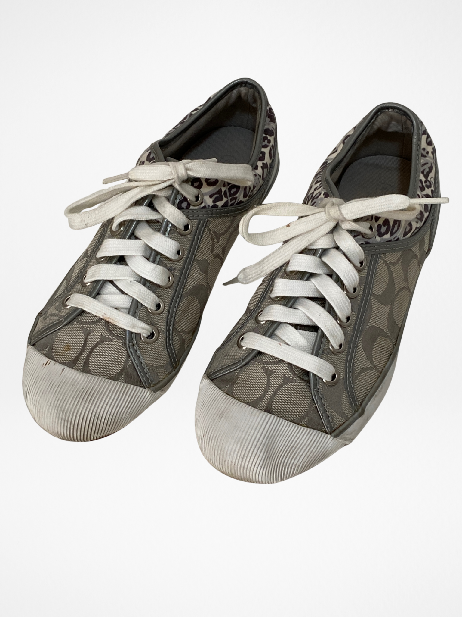 Coach Gray Monogram Canvas Sneakers with Leopard Trim - 38.5EU