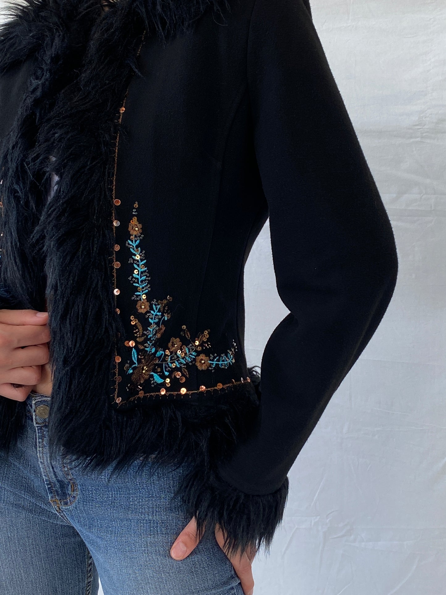 Vintage Favori Sequin Embroidered Faux Fur Afghan Black Jacket - M