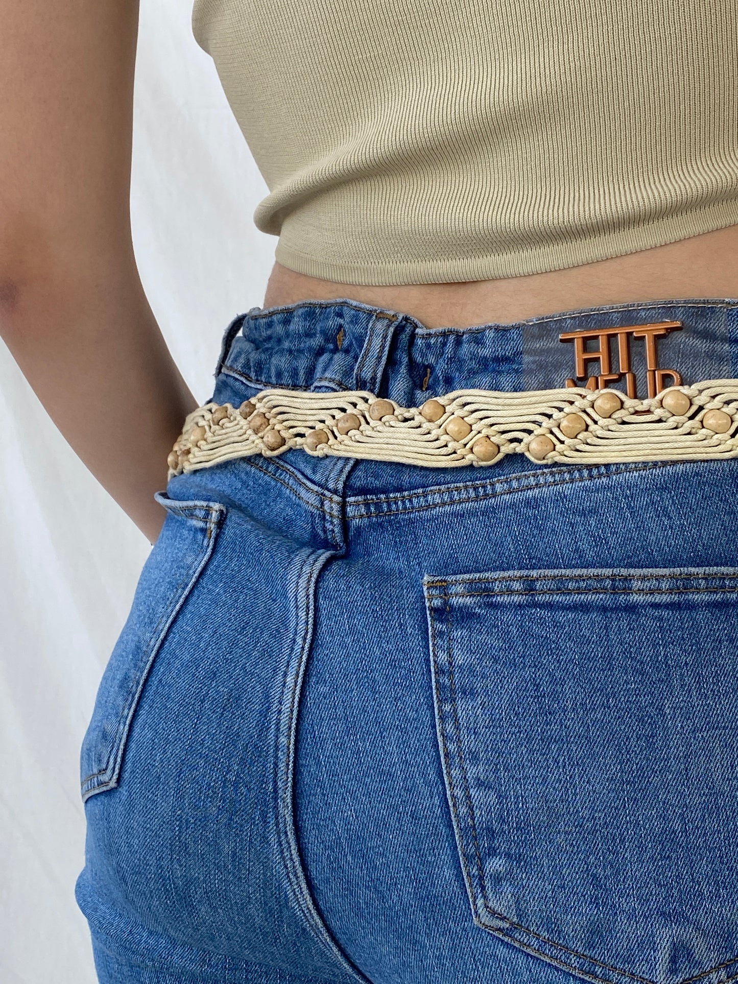 Vintage Beaded Macrame Woven Beige Belt