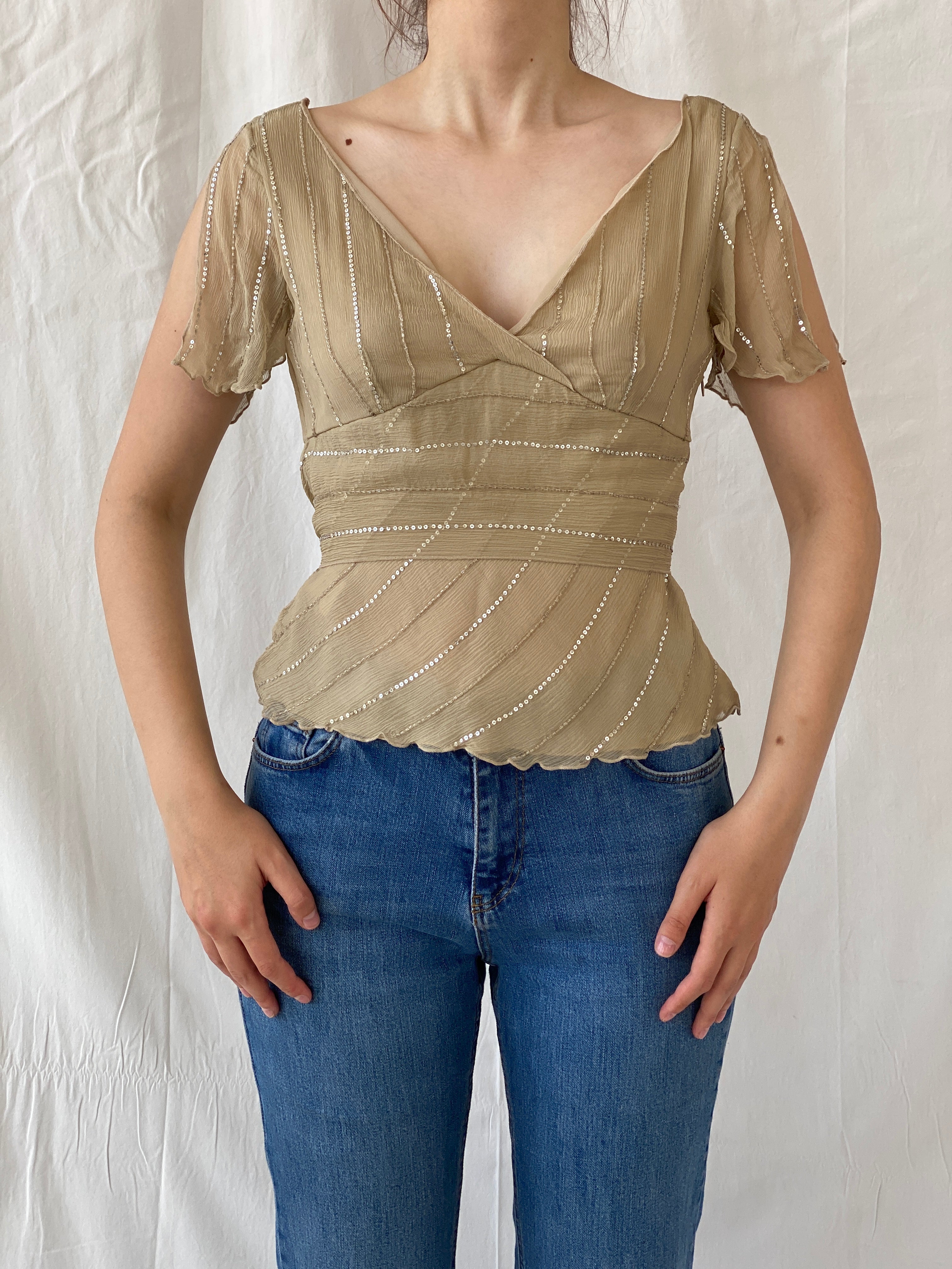 Y2K Massimo Dutti Silk Sequined beaded Half Sleeve Women’s Top - M