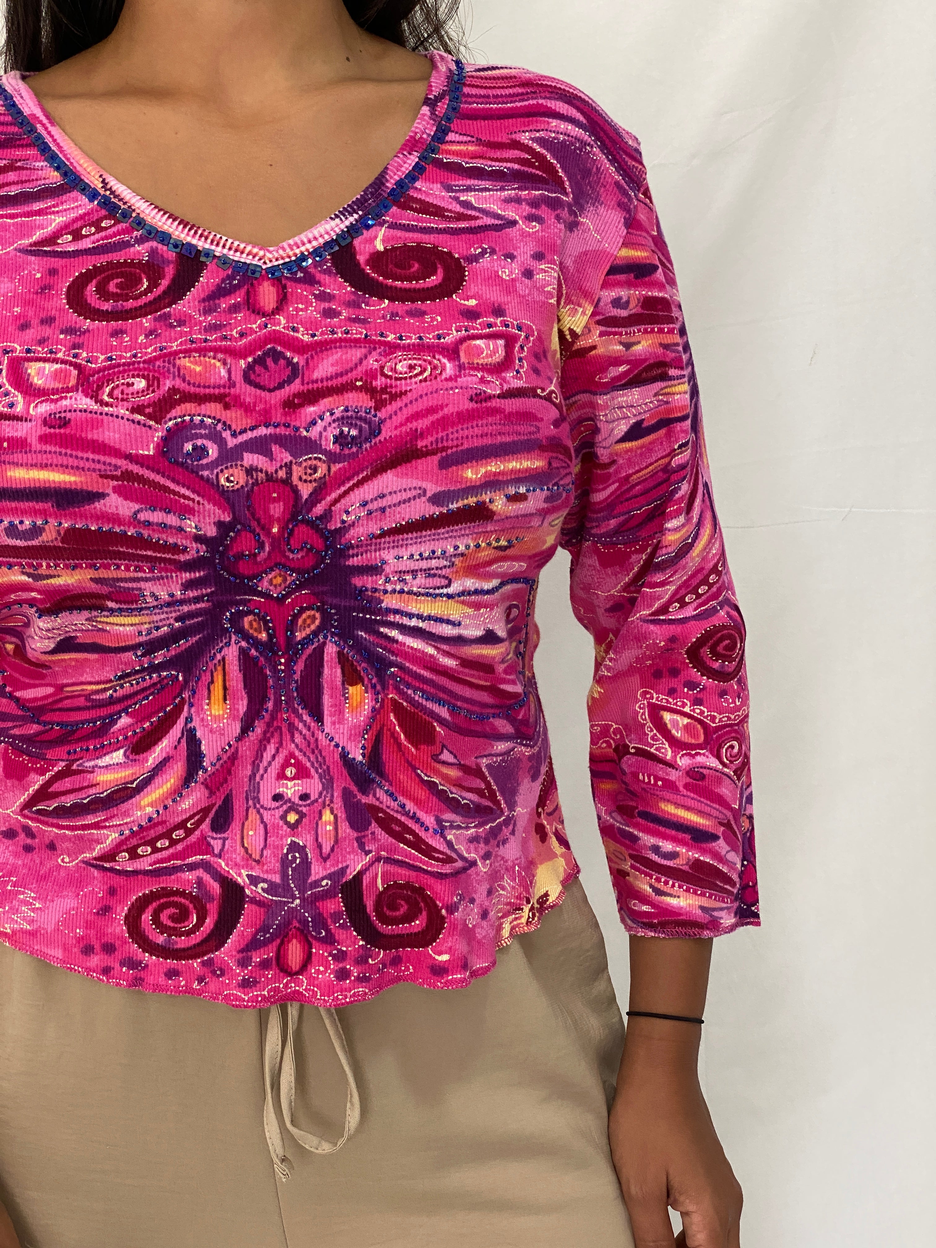 Vintage Y2K Phool Beaded Graphic Top Pink Psychedelic Butterfly Print Long Sleeve Tee - L
