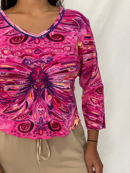 Vintage Y2K Phool Beaded Graphic Top Pink Psychedelic Butterfly Print Long Sleeve Tee - L