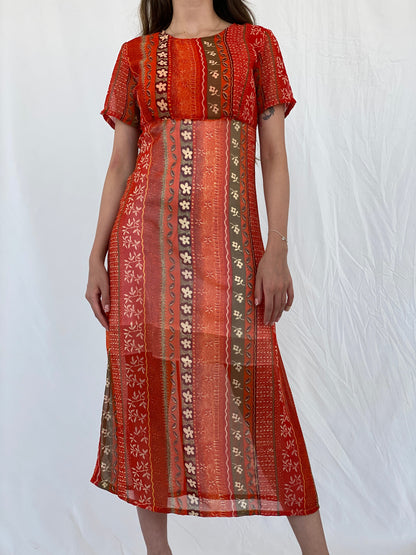 Vintage Kitty-K Orange Sheer Boho Print Midi Dress - M