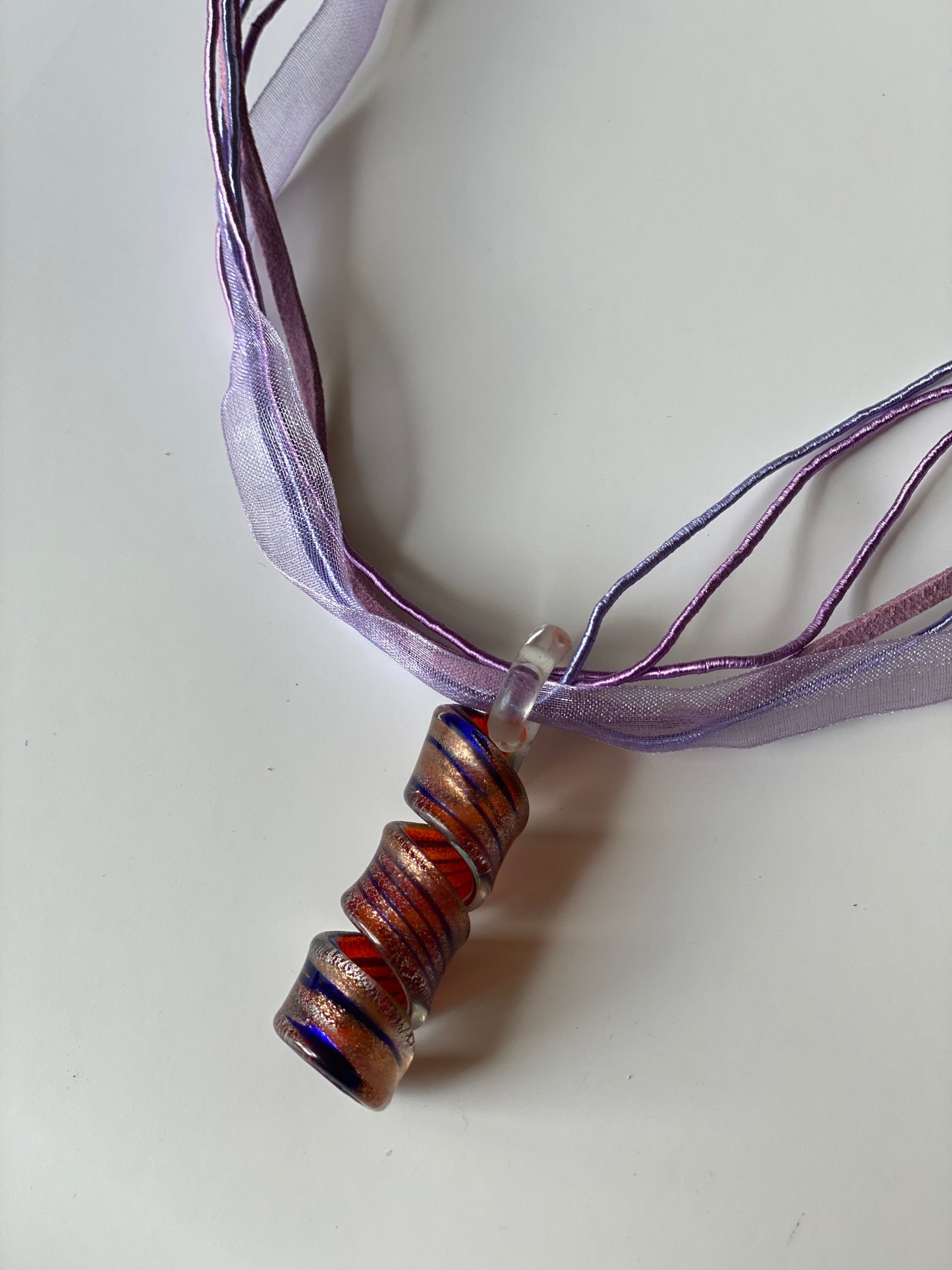 Vintage 1990s Purple Ribbon Art Glass Pendant Necklace