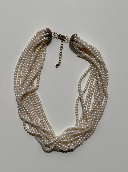 Vintage Cream Multi-Strand Twisted Faux Pearl Torsade Necklace with Filigree Gold End Caps