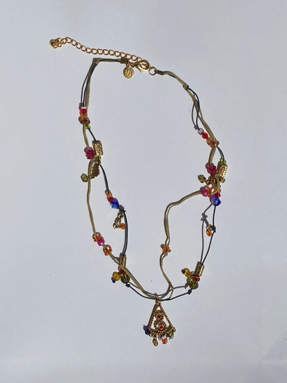 Vintage Y2K Vicky Jousan VJ Gold Boho Cord Beaded Charm Necklace