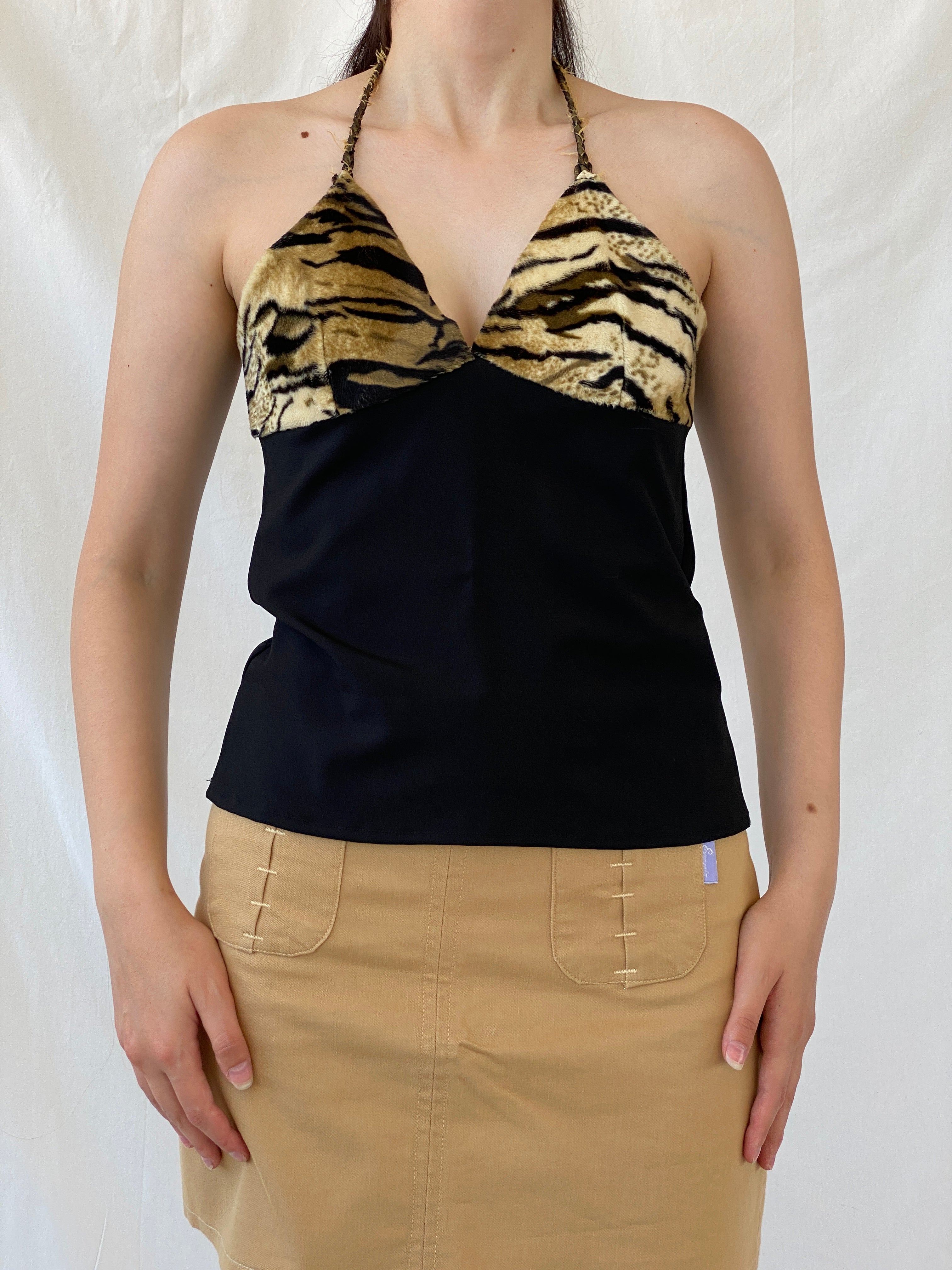Vintage Y2K Black Halter Top Leopard Fuzzy Backless Top - M