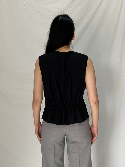 Vintage 1990s Robbie Bee Black Cotton Linen Blend Vest Gold Hardware Detail - XL