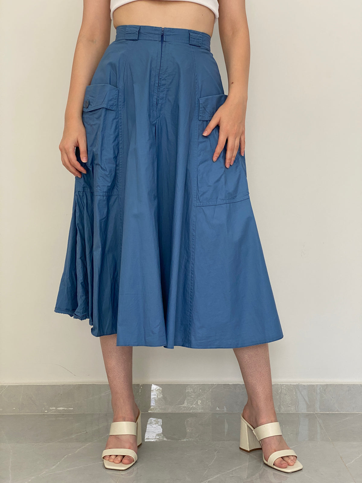 Vintage L’Estelle Dusty Blue High-Waisted A-Line Utility Cargo Midi Skirt - 36EUR