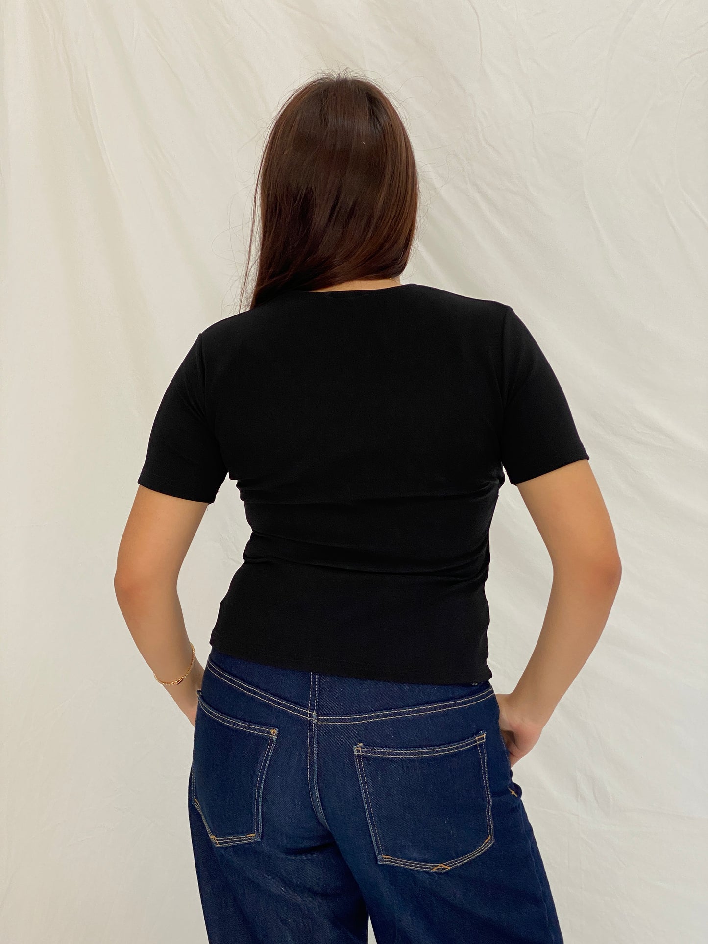 Vintage Y2K Western Connection Black Mandarin-Inspired Embroidered Stretch Top - L