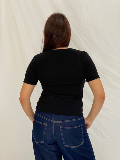 Vintage Y2K Western Connection Black Mandarin-Inspired Embroidered Stretch Top - L