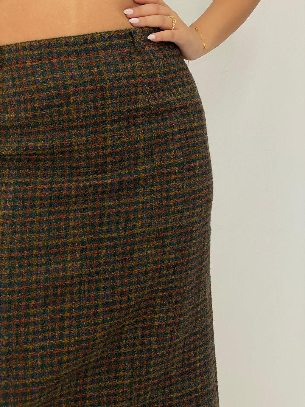 Vintage Solfin Wool-Blend Tweed Pencil Skirt Multicolor Check Plaid High-Waist Midi Skirt - M