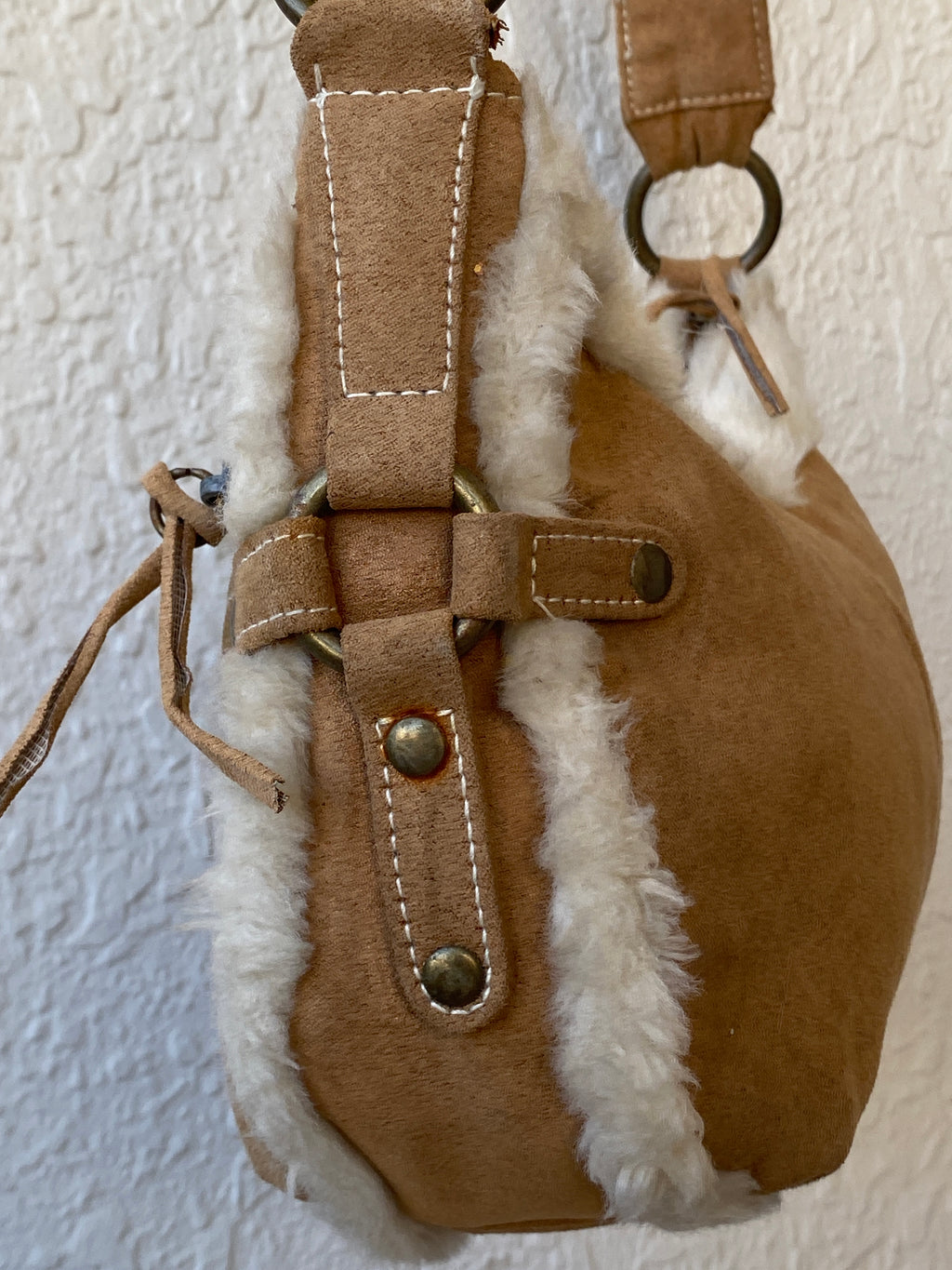 Y2K Shearling Brown Shoulder Bag with Fuzzy Trim & Stud Details Purse
