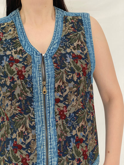 Vintage New Direction 90s Floral Tapestry Denim Vest Zip Up Waistcoat – L