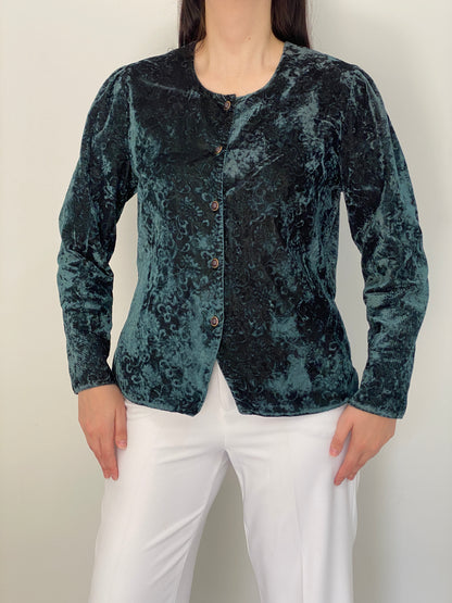Vintage 90s Your Sixth Sense Teal Floral Crushed Velvet Button Blazer – L