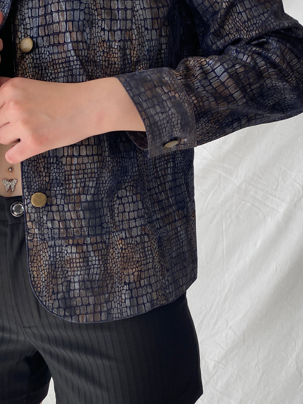 Vintage Bamboo Traders Petite Metallic Denim Snake Print Women’s Buttoned Blazer Jacket - L