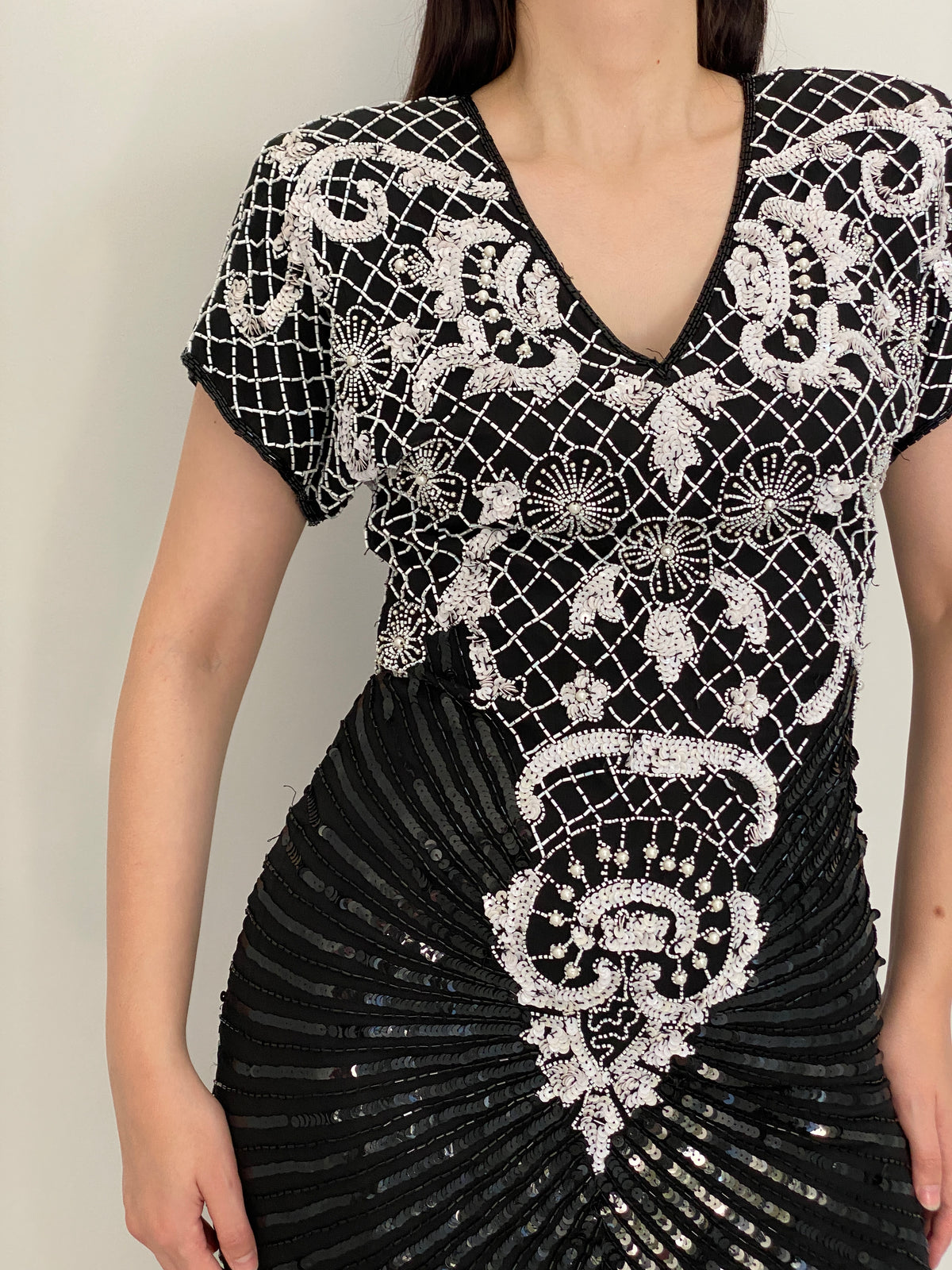 Vintage 80s Laurence Kazar Black & White Silk Beaded Sequin Cocktail Dress - M