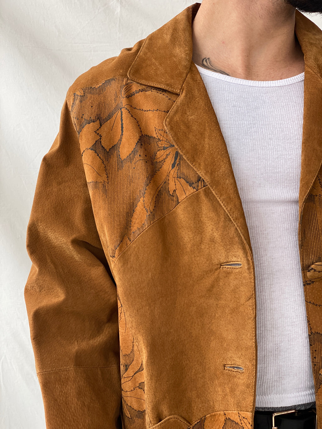 Vintage Men’s Genuine Brown Suede Leather Oversized Floral Blazer - XL