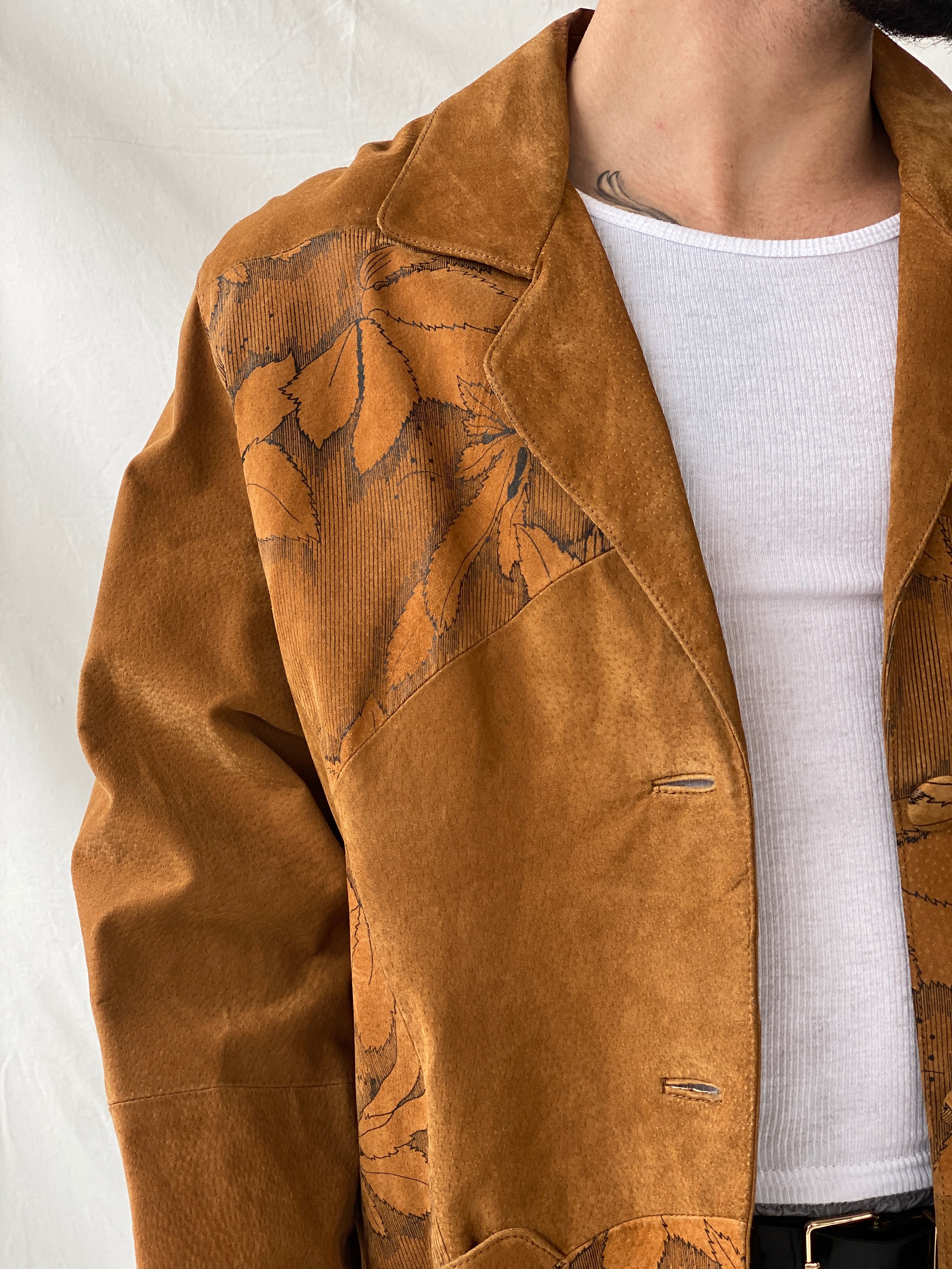 Vintage Men’s Genuine Brown Suede Leather Oversized Floral Blazer - XL