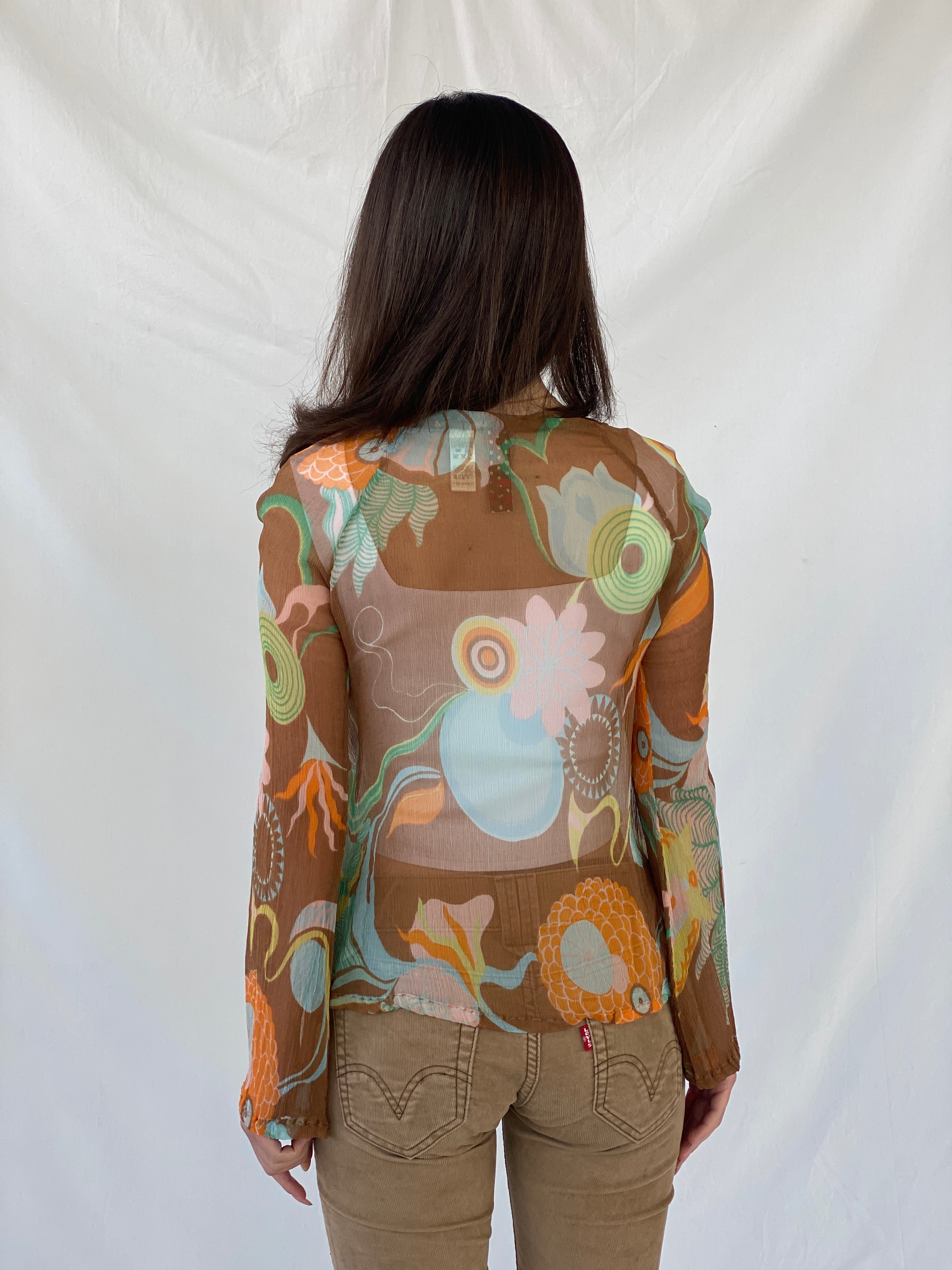 بلوزة حرير نسائية شفافة بأكمام كاملة بتصميم 60s من Miss Sixty Y2K - مقاس XS