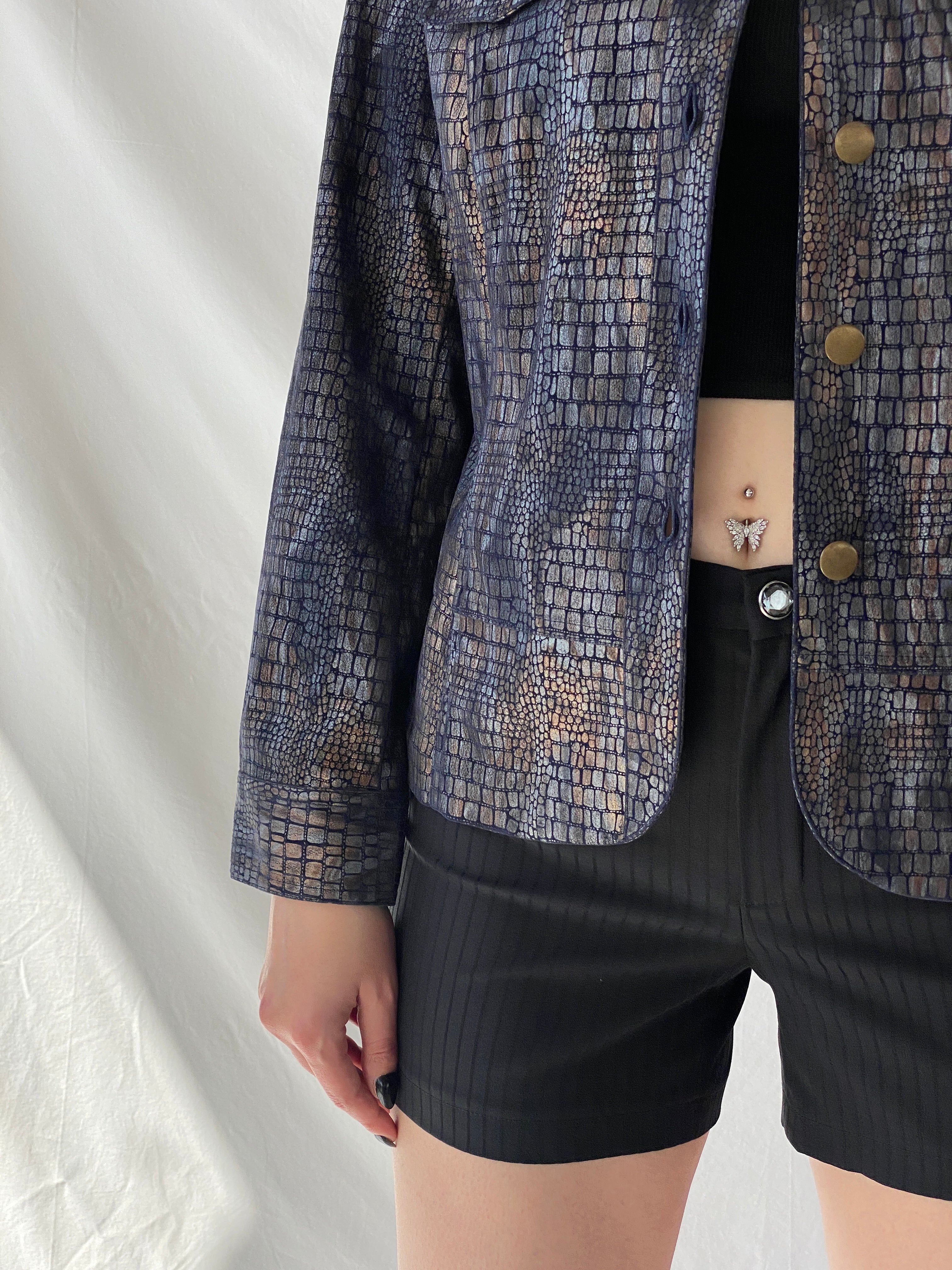 Vintage Bamboo Traders Petite Metallic Denim Snake Print Women’s Buttoned Blazer Jacket - L