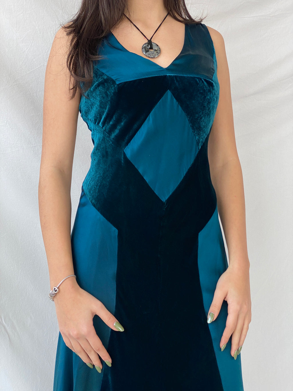 Vintage Phase Eight Green Silk Velvet Blend Midi Sleeveless Dress - M