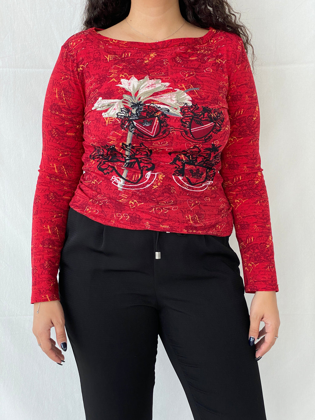 Vintage 00s Street One Red Mesh Graphic Women’s Long Sleeve Top - L