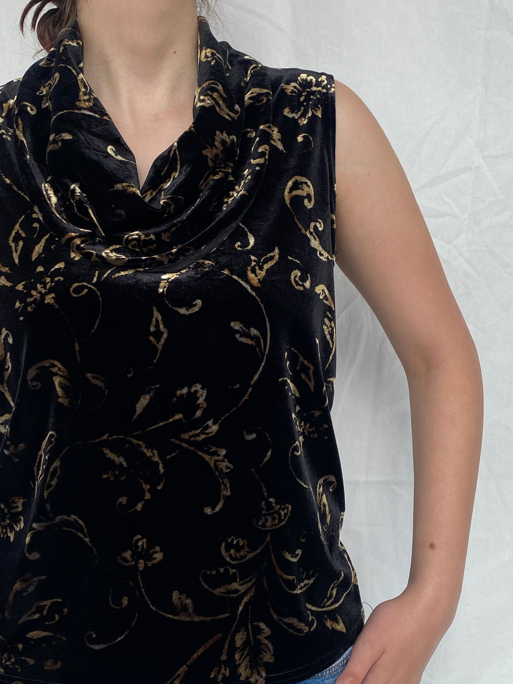 Vintage 90s Kathie Lee Collection Black & Gold Velvet Cowl Neck Women’s Sleeveless Top - M
