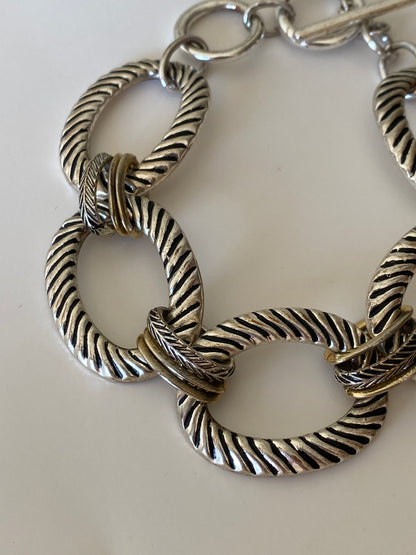 Vintage Chunky Textured Link Bracelet Silver & Gold-Tone Oval Links with Toggle Clasp