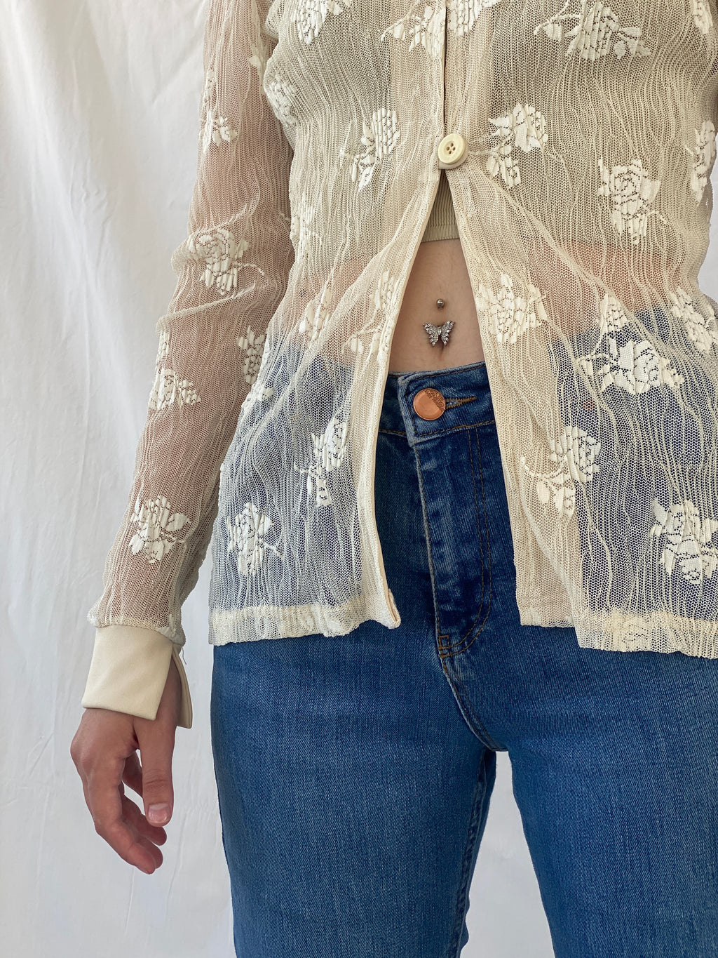 Vintage R&B Rebecca Blu Beige Floral Mesh Cardigan Shirt - M