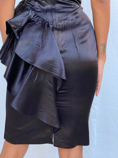 Vintage 80s Climax Karen Okada for David Howard Black Acetate One-Shoulder Beaded Ruffle Cocktail Dress - XS