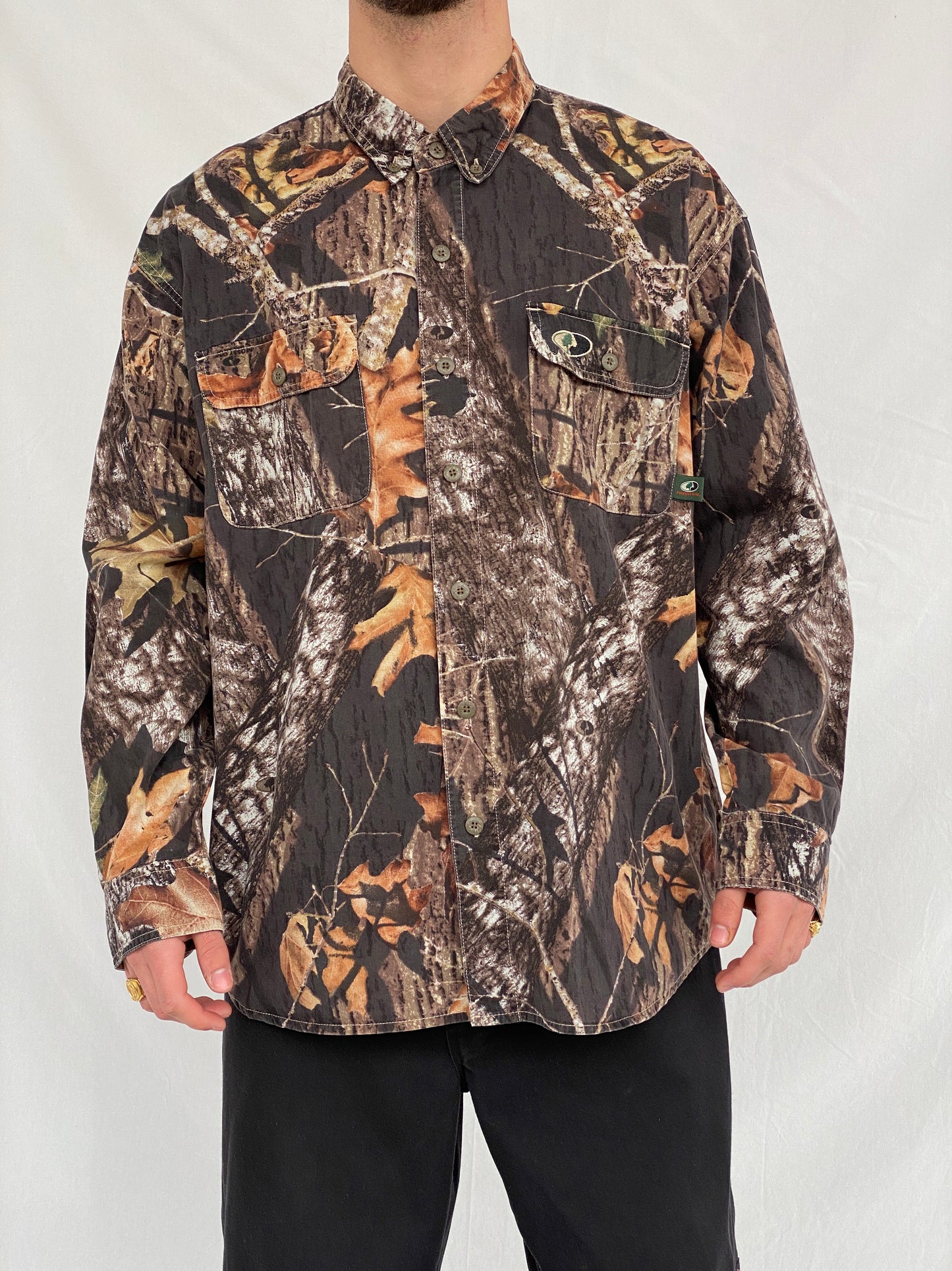 Vintage Mossy Oak Camo Break-Up Woodland Camouflage Button Down Long Sleeve Hunting Shirt - XL