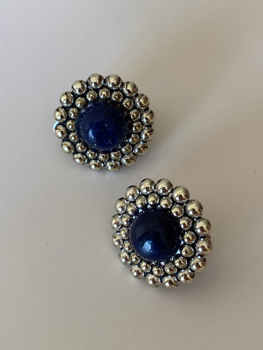 Vintage Blue Cabochon Clip-On Earrings Silver Tone Statement Jewelry
