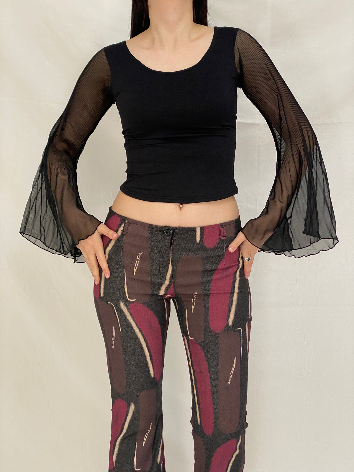 Vintage Y2K Xanaka Black Sheer Bell Long Sleeve Whimsy Goth Top – S Vintage Y2K Xanaka Black Sheer Bell Long Sleeve Whimsy Goth Top – S