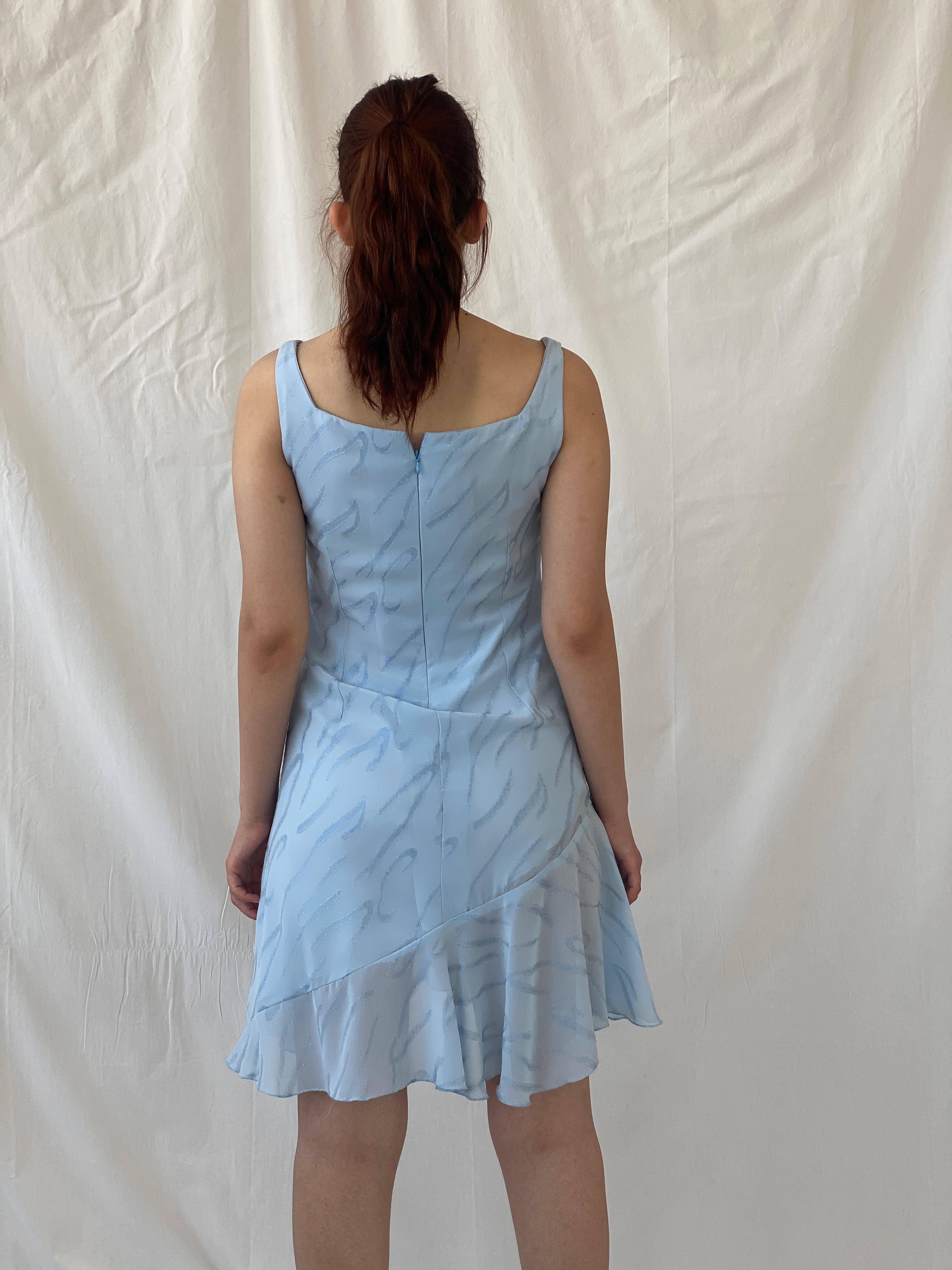 Y2K Handmade Sky Blue Glittery Ruffle Hem Mini Dress - M
